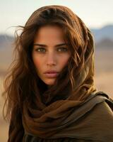 een vrouw in een bruin sjaal in de woestijn generatief ai foto