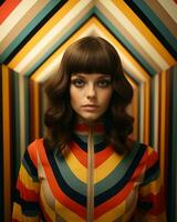 een vrouw in een kleurrijk gestreept jasje staand in voorkant van een gestreept muur generatief ai foto