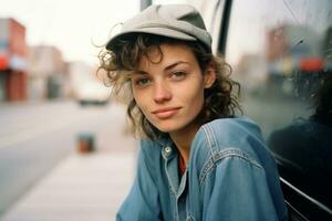 een vrouw in een denim overhemd en pet zittend Aan de kant van de weg generatief ai foto