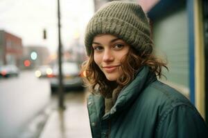 een vrouw in een groen jasje en muts staand Aan de straat generatief ai foto