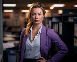 een vrouw in een Purper blazer en wit overhemd staand in voorkant van boekenkasten generatief ai foto