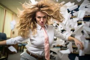 een vrouw in een overhemd en stropdas rennen door een stapel van papieren generatief ai foto