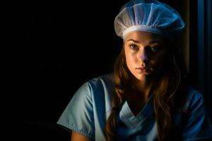 een vrouw in scrubs is op zoek Bij de camera generatief ai foto