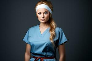 een vrouw in scrubs en een hoofdband Aan een donker achtergrond generatief ai foto