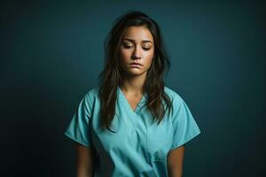 een vrouw in scrubs op zoek naar beneden met haar ogen Gesloten generatief ai foto