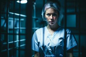 een vrouw in scrubs is staand achter bars generatief ai foto