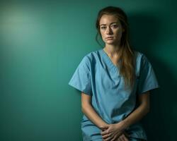 een vrouw in scrubs zittend Aan de verdieping generatief ai foto