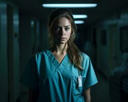 een vrouw in scrubs staand in een donker gang generatief ai foto