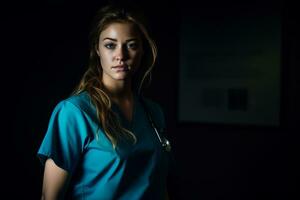 een vrouw in scrubs staand in de donker generatief ai foto