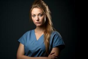 een vrouw in scrubs staand met haar armen gekruiste generatief ai foto