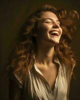 een vrouw lachend met haar haar- blazen in de wind generatief ai foto