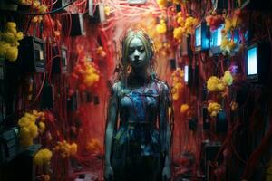 een vrouw is omringd door draden en kabels in een donker kamer generatief ai foto
