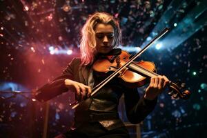 een vrouw spelen de viool in voorkant van confetti generatief ai foto