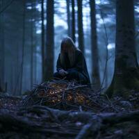 een vrouw zittend Aan een nest in de bossen generatief ai foto