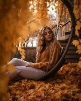 een vrouw zittend Aan een schommel in de midden- van vallen bladeren generatief ai foto