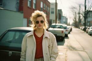 een vrouw vervelend zonnebril en een jas staand Aan een straat generatief ai foto