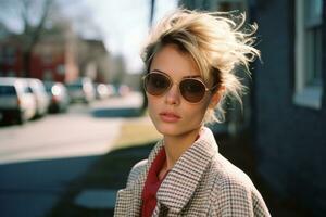 een vrouw vervelend zonnebril en een jas Aan de straat generatief ai foto