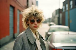 een vrouw vervelend zonnebril en een jas staand Aan een stad straat generatief ai foto