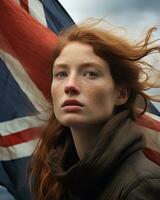een vrouw met een Brits vlag Aan haar hoofd generatief ai foto