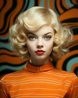 een vrouw met blond haar- en een oranje top generatief ai foto