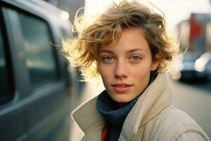 een vrouw met blond haar- en blauw ogen staand in voorkant van een auto generatief ai foto
