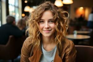 een vrouw met gekruld haar- zittend Bij een tafel generatief ai foto