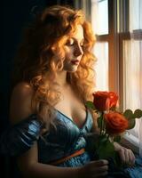 een vrouw met lang rood haar- Holding een roos in voorkant van een venster generatief ai foto