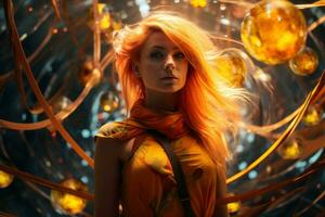 een vrouw met oranje haar- staand in voorkant van een bundel van goud ballen generatief ai foto
