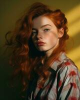 een vrouw met rood haar- en een geruit overhemd generatief ai foto