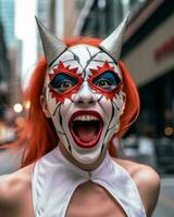 een vrouw met rood haar- en een duivel masker Aan haar gezicht generatief ai foto