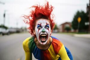 een vrouw met rood haar- en een clown gezicht is rennen naar beneden de straat generatief ai foto