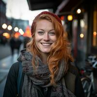 een vrouw met rood haar- en een sjaal is glimlachen generatief ai foto