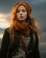 een vrouw met rood haar- en een oranje sjaal generatief ai foto