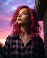 een vrouw met rood haar- en plaid overhemd op zoek Bij de zonsondergang generatief ai foto