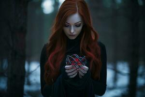 een vrouw met rood haar- Holding een hart in de bossen generatief ai foto