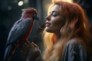 een vrouw met rood haar- Holding een papegaai generatief ai foto