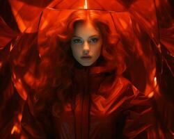 een vrouw met rood haar- in een rood jasje generatief ai foto