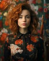 een vrouw met rood haar- poseren in voorkant van een bloemen muur generatief ai foto