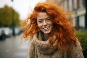 een vrouw met rood haar- glimlachen in de straat generatief ai foto