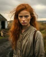 een vrouw met rood haar- staand in voorkant van een huis generatief ai foto