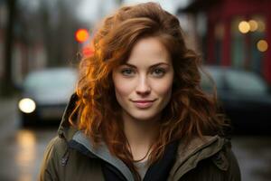 een vrouw met rood haar- staand in de regen generatief ai foto