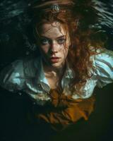 een vrouw met rood haar- onder water generatief ai foto