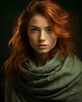 een vrouw met rood haar- vervelend een groen sjaal generatief ai foto