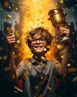 een jong jongen Holding omhoog een trofee met confetti vallend in de omgeving van hem generatief ai foto