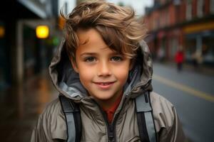 een jong jongen in een met een kap jasje staand Aan de straat generatief ai foto