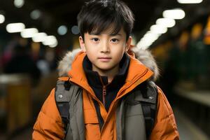 een jong jongen in een oranje jasje staand in een trein station generatief ai foto