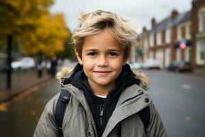 een jong jongen is staand Aan de straat in voorkant van een gebouw generatief ai foto