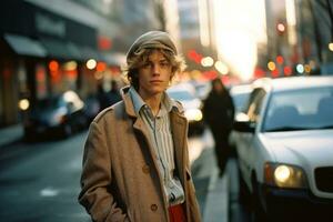 een jong Mens in een jas en hoed staand Aan een stad straat generatief ai foto