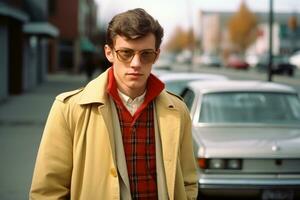 een jong Mens in een loopgraaf jas en bril staand in voorkant van een auto generatief ai foto