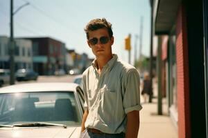 een jong Mens in zonnebril staand in voorkant van een auto generatief ai foto